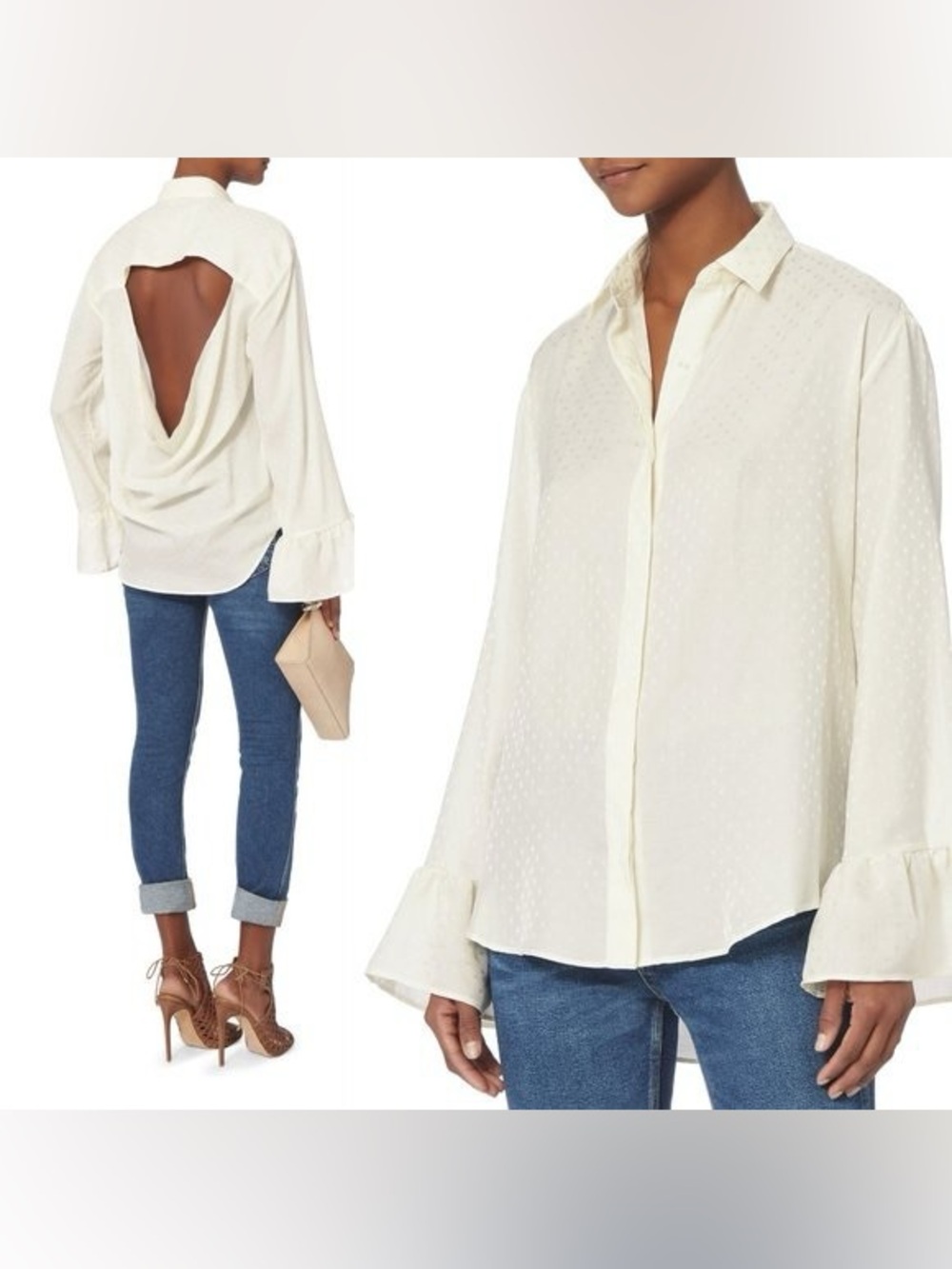 IRO button front open back blouse with sheer star design